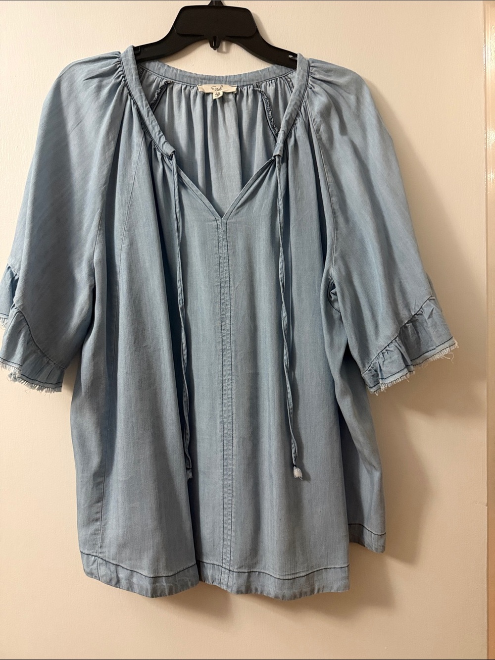 Easel Tencel Light Blue Women's Peasant Blouse - Casual Tie-Neck Top